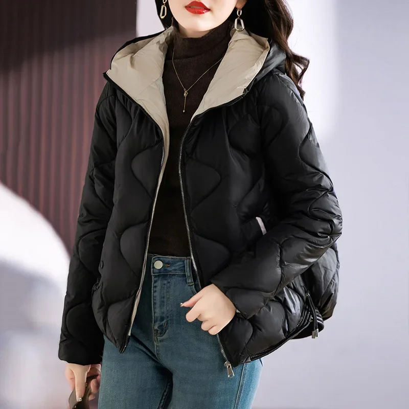 Autumn Winter Solid Women Short Jackets Loose Hooded Wave Quilted Padded Zipper Pockets Drawstring Hem Warm Fashion Outfit 5