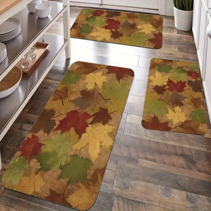 VIKAMA Fall Maple Leaf Household Floor Mat Set,Anti‑Slip Long Runner Rug,Vintage Autumn‑Leaves Decor Carpet Indoor Kitchen Space