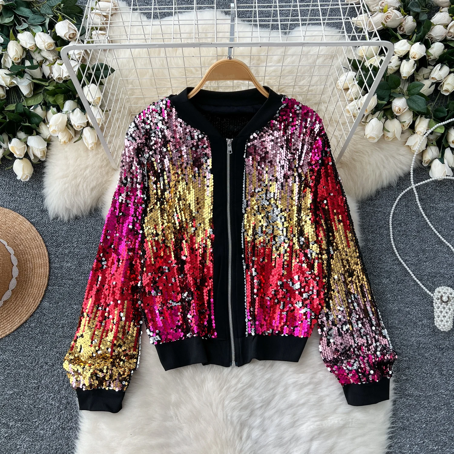 Clothland Women Vintage Sequined Bomber Jacket Zipper Long Sleeve Shiny Female Outwear Chic Coat Tops Mujer CB114