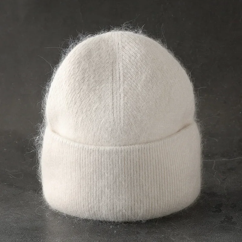 2024 Angora Winter Hat For Women Solid Color Real Rabbit Fur Beanies Woman Soft Knitted Bonnet Female Warm Ski Skullies Beanies