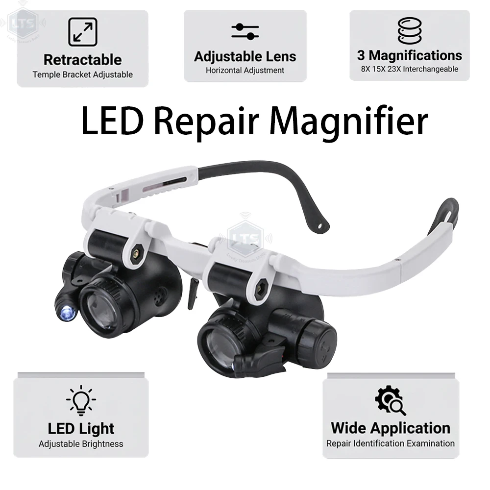 2 X LED Watch Jeweler Repair Magnifier Head-Mounted Headband Adjustable Magnifying Head Eye Glasses Loupe Lens 8X 15X 23X