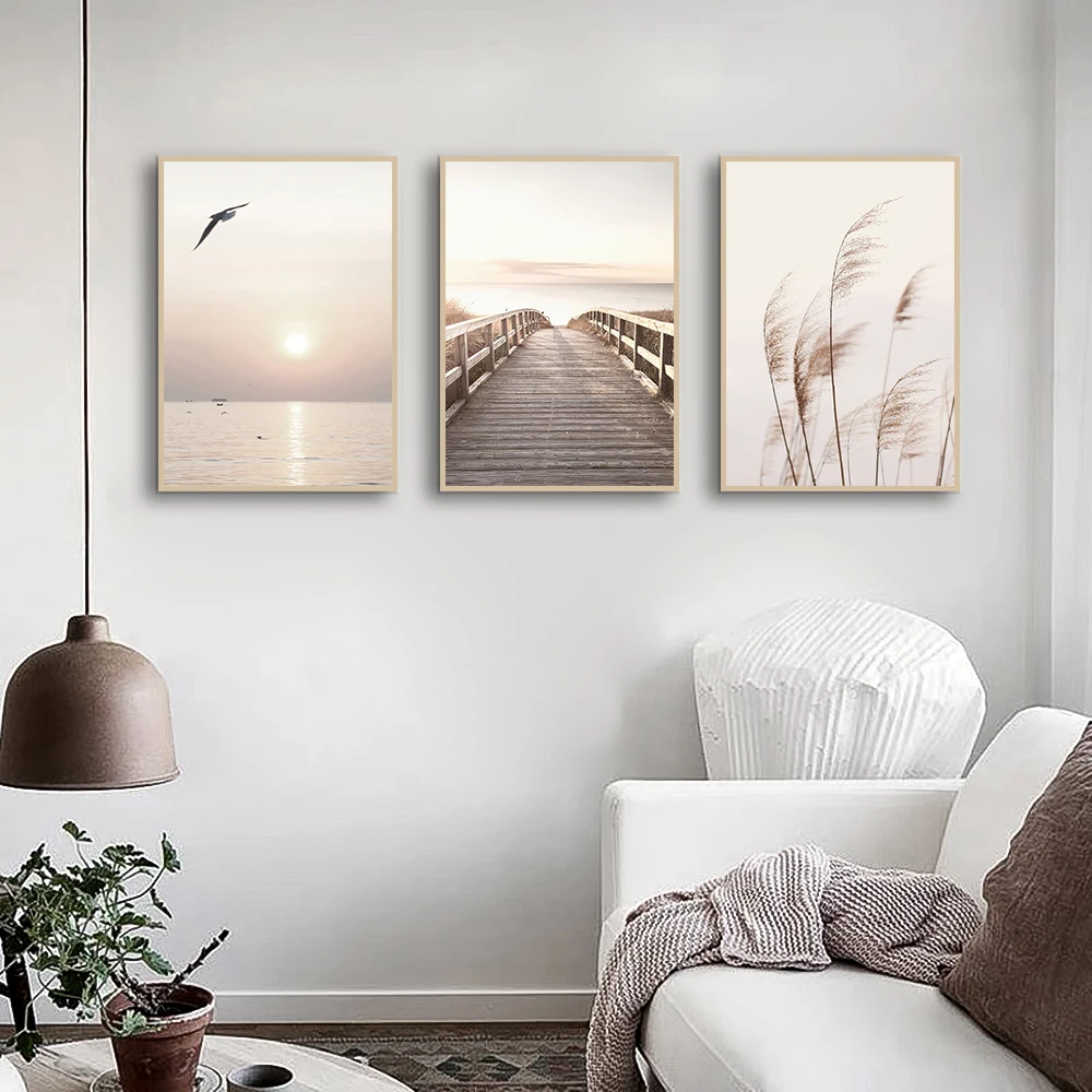 Lakeside Literary Landscape Painting Wooden Bridge Daylight Bird Reed Wall Art Picture Canvas Print Aesthetic Poster Home Decor