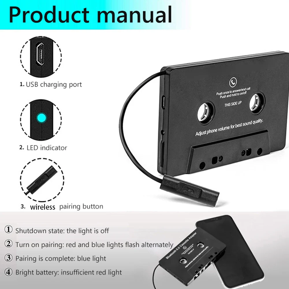محول شريط صوتي للسيارة 5.0 عالمي يعمل بالبلوتوث مشغل MP3/SBC/AAC مشغل إستيريو AUX مع مهايئ كاسيت صوتي للموسيقى مع ميكروفون