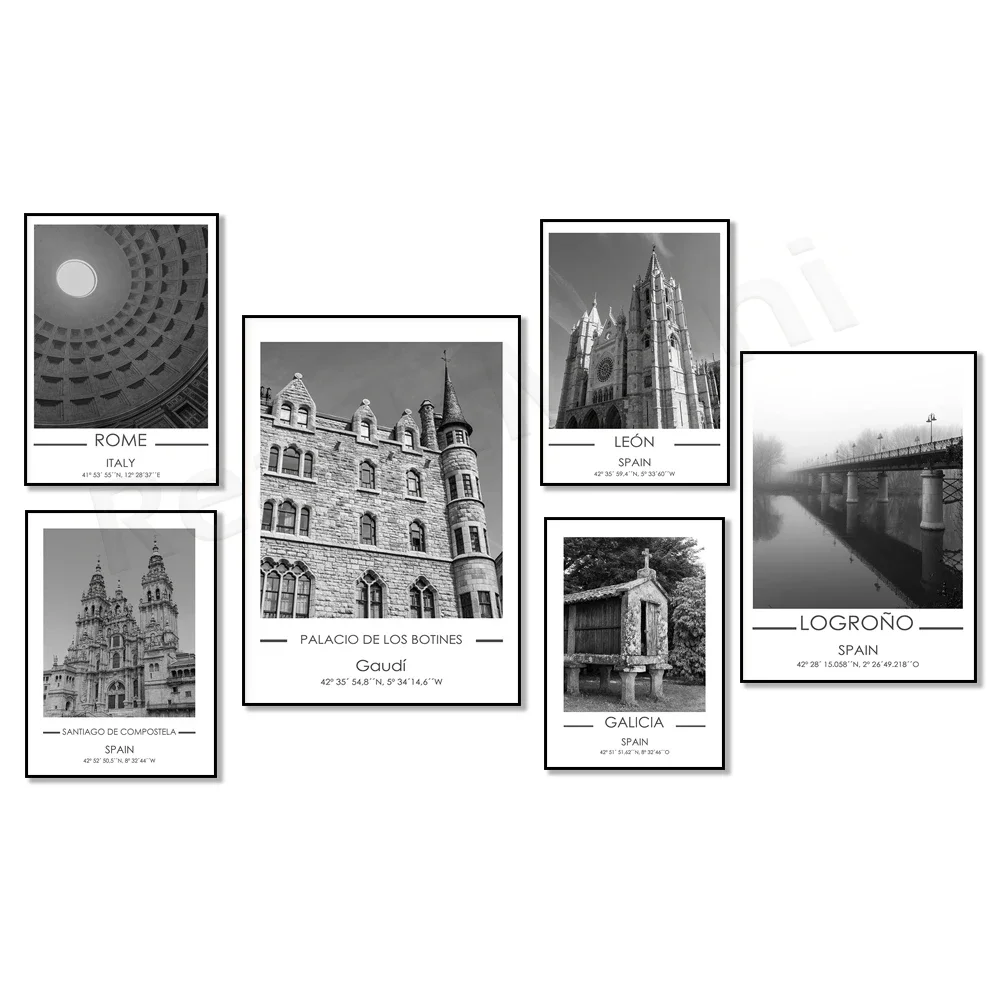 ملصق المدينة السياحية الإسبانية لغاليسيا، أوروبا Logroño، مبنى متحف Guggenheim، أستورياس، كاتدرائية ليون #1