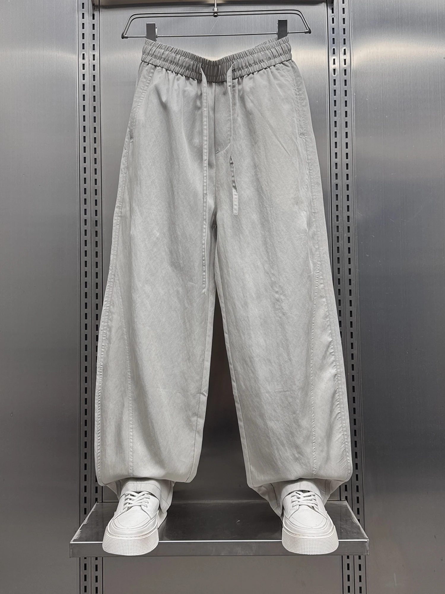 

Лето 202, мужские удобные свободные повседневные брюки, модные однотонные драпированные брюки со шнурком, дышащие тонкие брюки