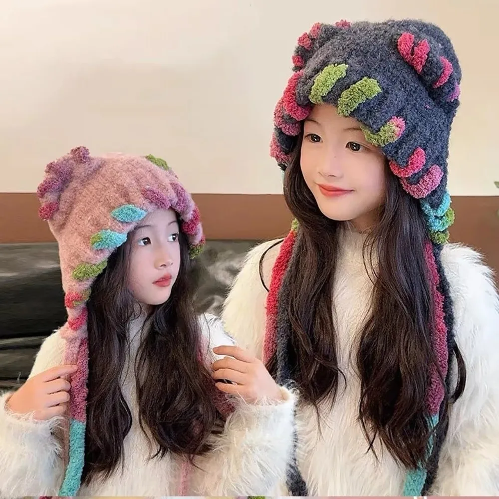 

Легкая теплая вязаная флисовая шапка с ушками, эластичная ветрозащитная радужная шапка с кисточками и ремнями, регулируемая шапка-муфта с ушками