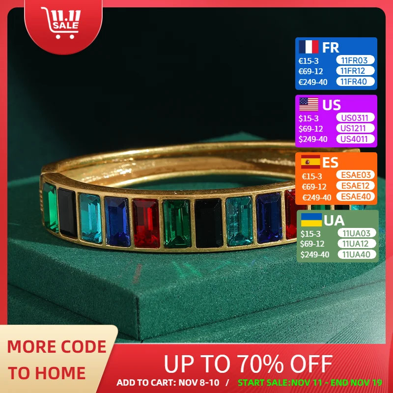 

Vintage Colorful Crystal Bangle Bracelets For Women Square Green Blue Antique Gold Color Accessories Luxury Designers Jewelry