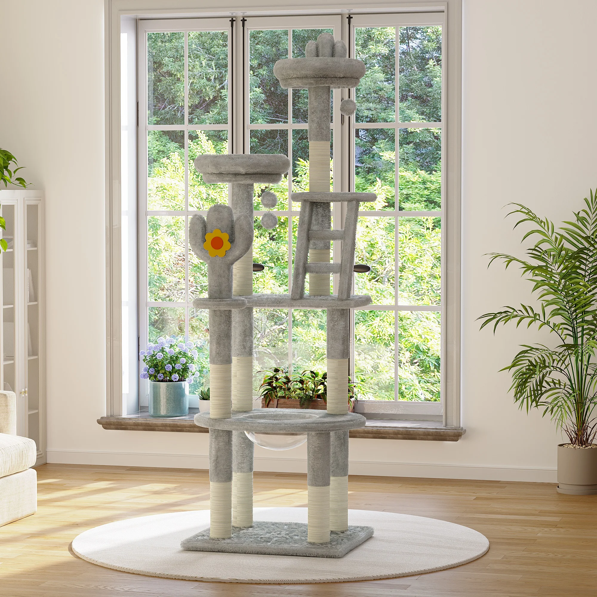 72.05-Inch multi-layer cat tower with scratching board, capsule, and perch, suitable for indoor cats