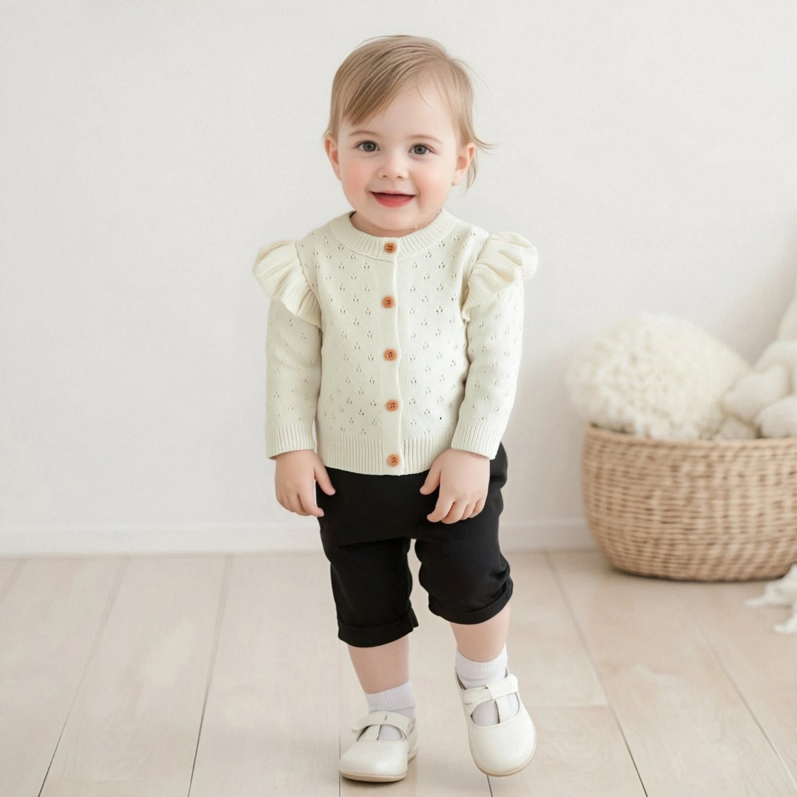 

Toddler Baby Girl Knitted Cardigan Hollowed Ruffle Trim Long Sleeve Crew Neck Button-up Sweater Casual Winter Fall Clothes
