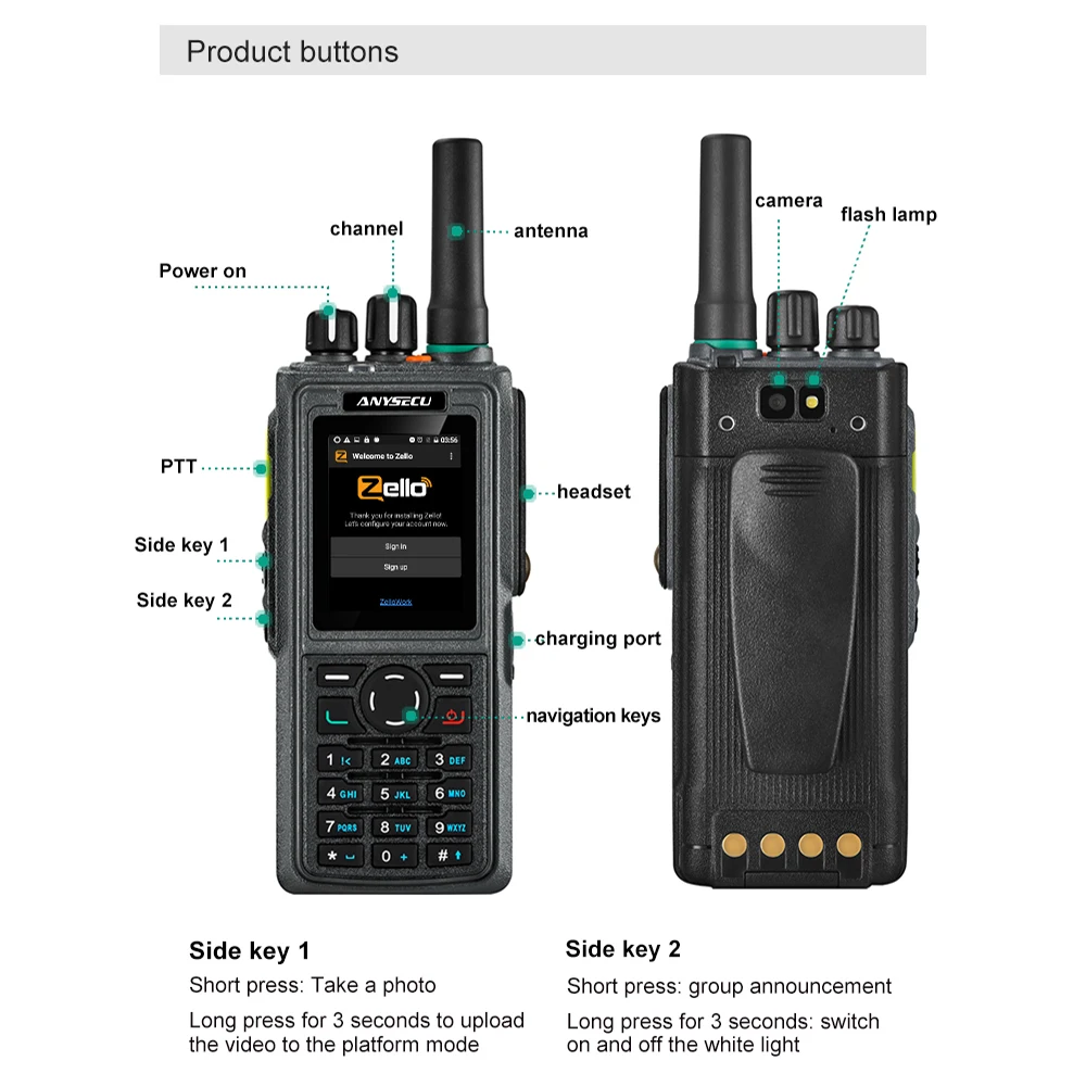 Imagem -05 - Anysecu-handheld Walkie Talkie Hd760 Rádio Gps Wi-fi Rede Telefônica Ip67 Android 7.1 Impermeável 2.0 4000mah 4g Lte Poc