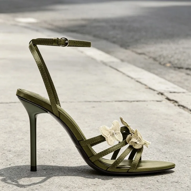 Elegant Butterfly Detail High-heeled Sandals Women 2026 Stylish Green Satin Ankle Strap Stiletto Heels Sexy Party Dress Shoes image 3