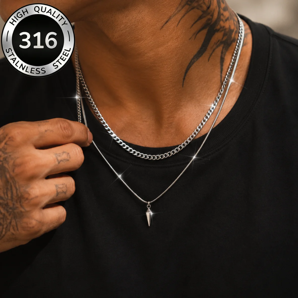 Edelstahl Metall-Nieten-Anhänger Dünne Schlangenketten-Halskette für Männer und Frauen Punk Silberfarben Kubanische Gliederkette 2-Lagiger Choker