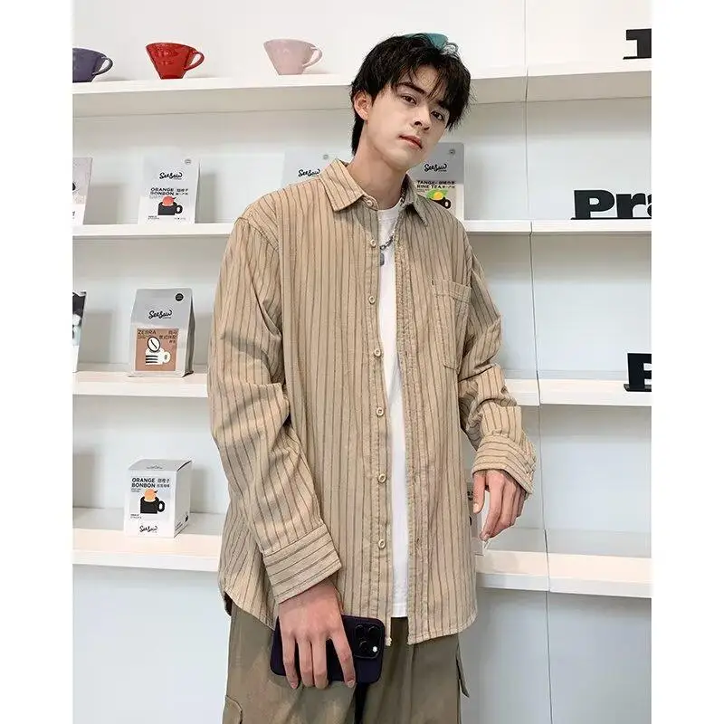 Spring and summer Hong Kong style loose striped long-sleeved shirt men's 2024 large size versatile fashion casual jacket top