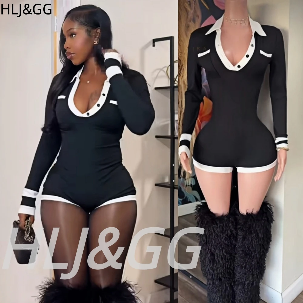 

HLJ&GG Black Fashion Knit Splicing Bodycon One Piece Rompers Women V Neck Long Sleeve Slim Playsuits Female Overalls Streetwear