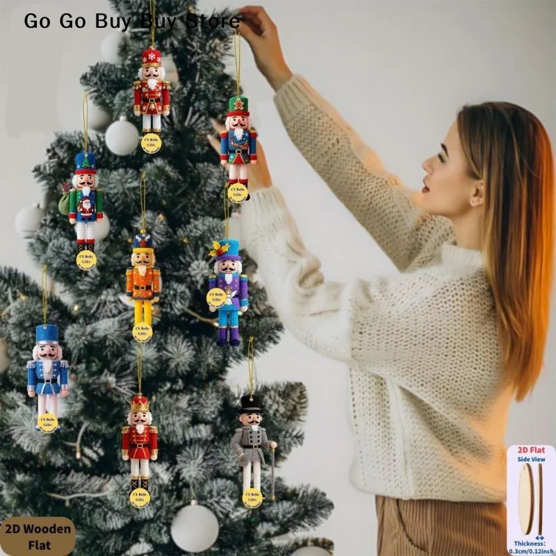 【S】10Pcs Crocheted Nutcracker Ornaments With 2D Flat Wooden Base For Christmas Holiday Party Decoration