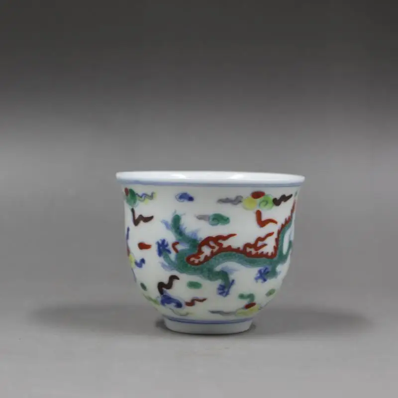 2.5" China Ming Blue White Doucai Contrasting Colors Porcelain Animal Dragon Cup