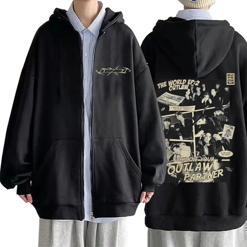 

Men Women Korean Kpop ATEEZ The World Ep: 2 Outlaw Zip Up Hoodie 2025 World Tour Towards The Light Will To Power Zipper Hoodies