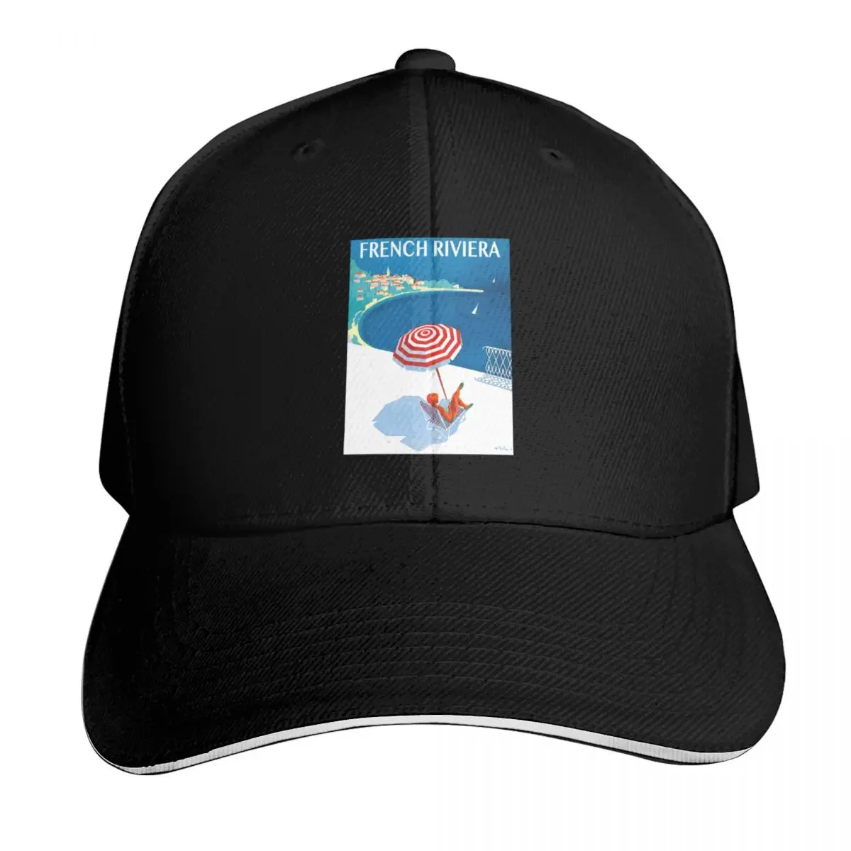 French Riviera 1954 Vintage Travel Poster Baseball Cap Quick Dry Performance Cotton Twill Breathable Contrast Two Tone Brim