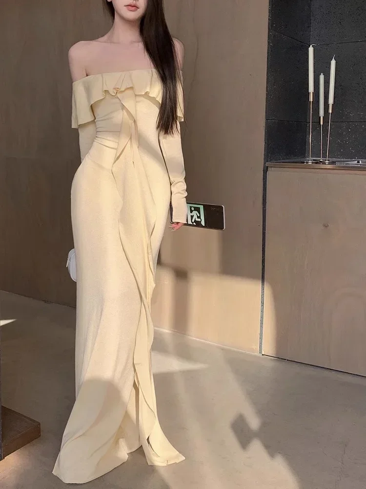 Robe longue fourreau à manches longues pour femmes, robe fendue pour dames, col slash drapé, robe éducative, à la mode, nouveau, printemps