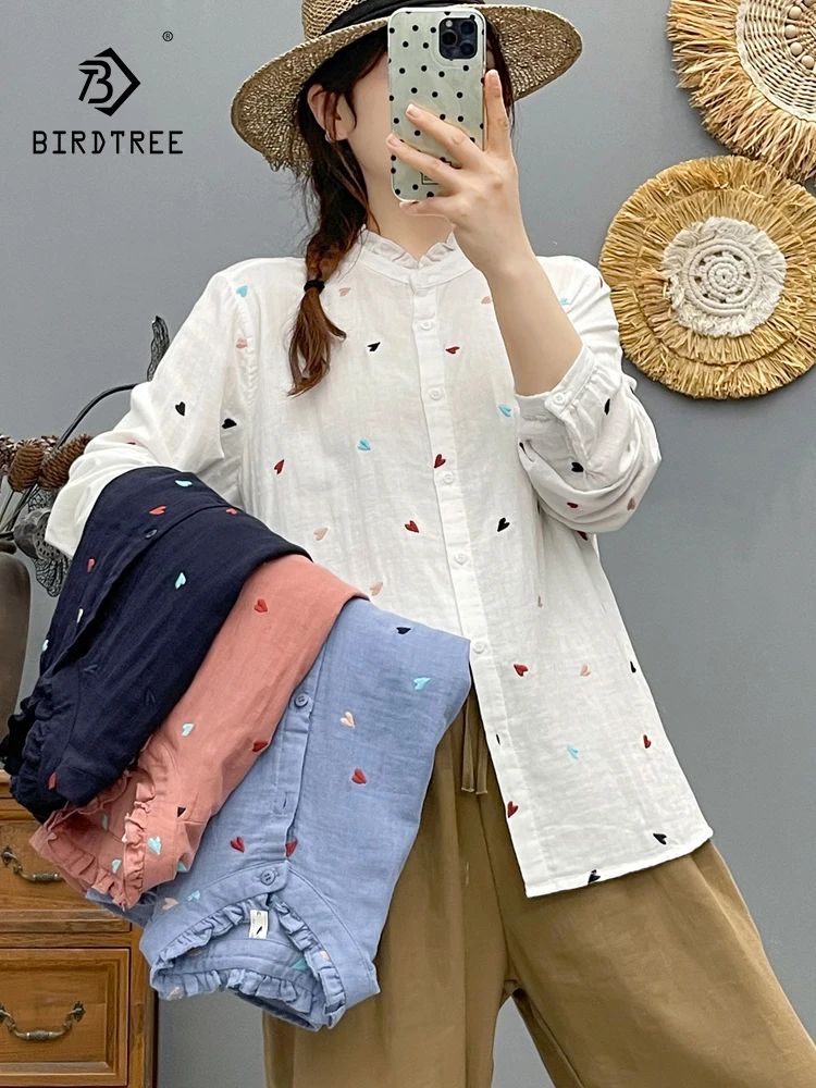 

New 2025 Autumn Cotton Long Sleeve Shirt, Women Stand Ruffles Print, Mori Girl Fashion Temperament Casual Loose Blouse T58817CC