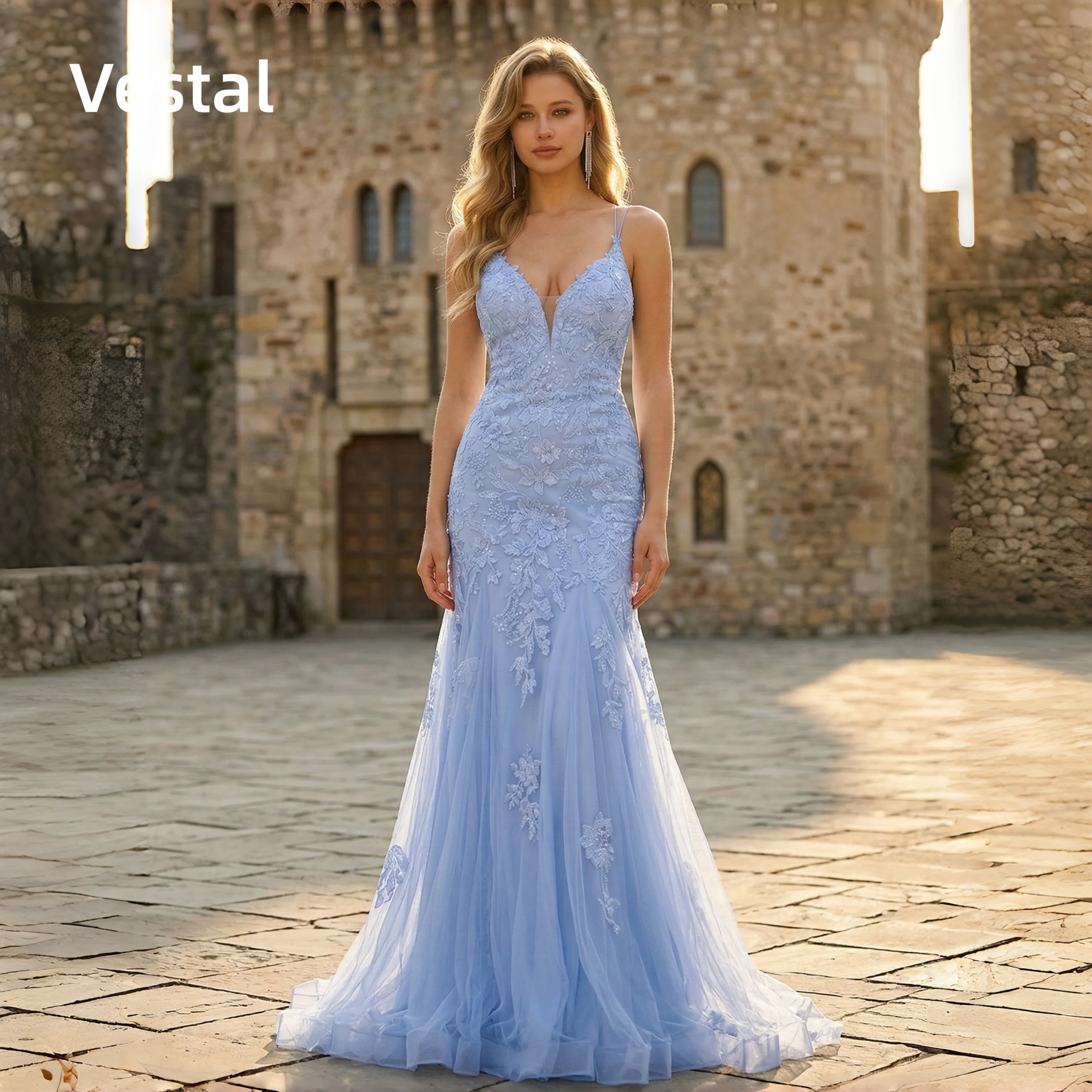V-neck Lace Applique Prom Dress Light Blue Mermaid Tulle Evening Gown Customized