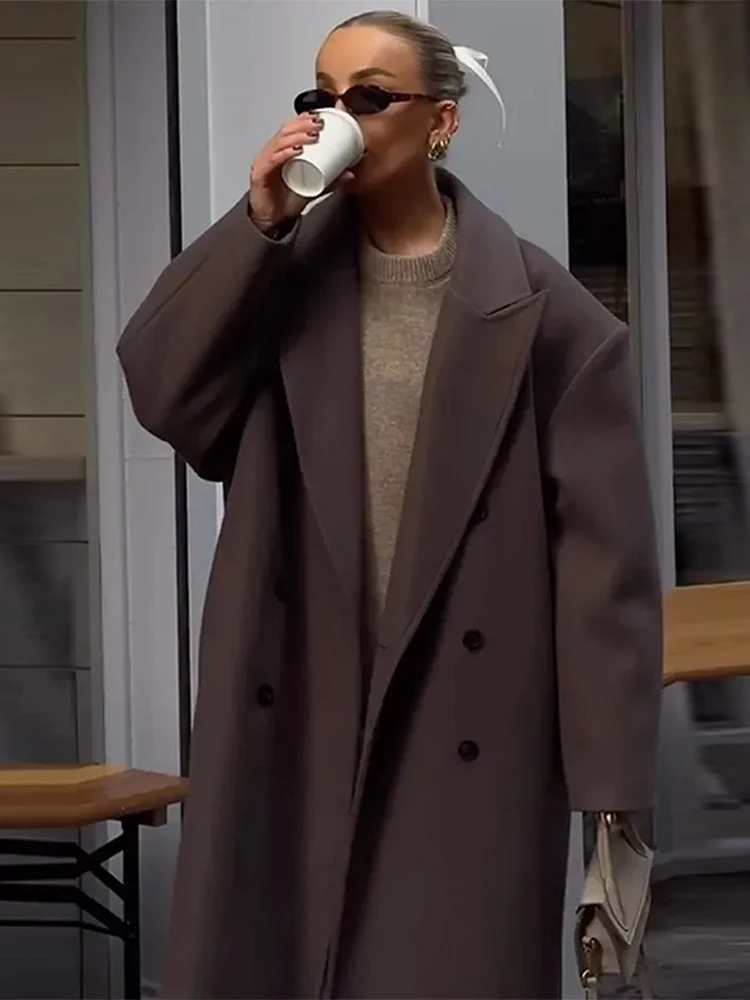 

Винтажное длинное шерстяное пальто женское свободного кроя с отложным воротником, двубортное, прямое, весна-осень 2026, для офиса, в стиле High Street, верхняя одежда