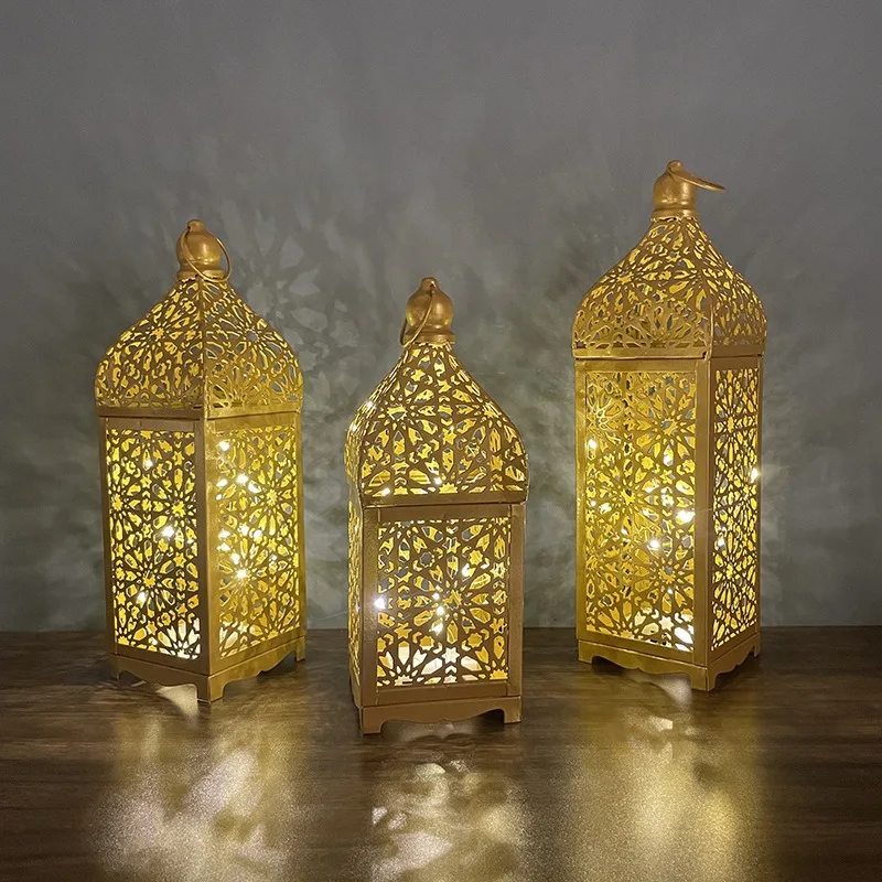 S/M/L Metal Vintage Decorative Light Morocco LED Hollow Wind Lamp Home Tabletop Atmosphere Lantern Crafts Festive Decor