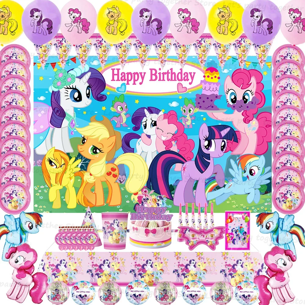 

Cute Pink Ponyed Birthday Party Decoration Rainbow Horse Number Foil Balloon Sets Party Supplies Paper Cake Tableware Plate Cup