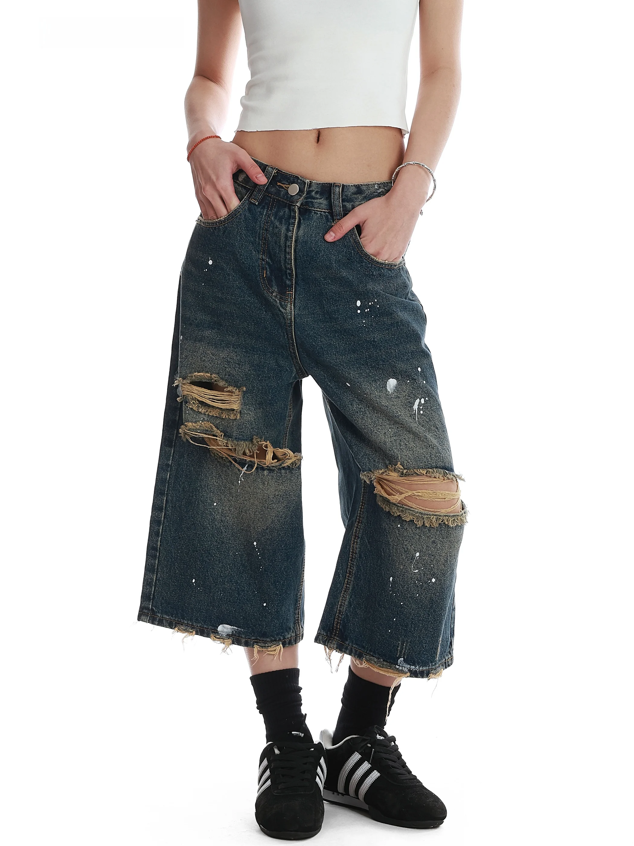 

American Style Splashed Ink Design Ripped Denim Seven-Foot Women's Retro Street Style Wide Leg Pants Casual Loose Fit Jeans