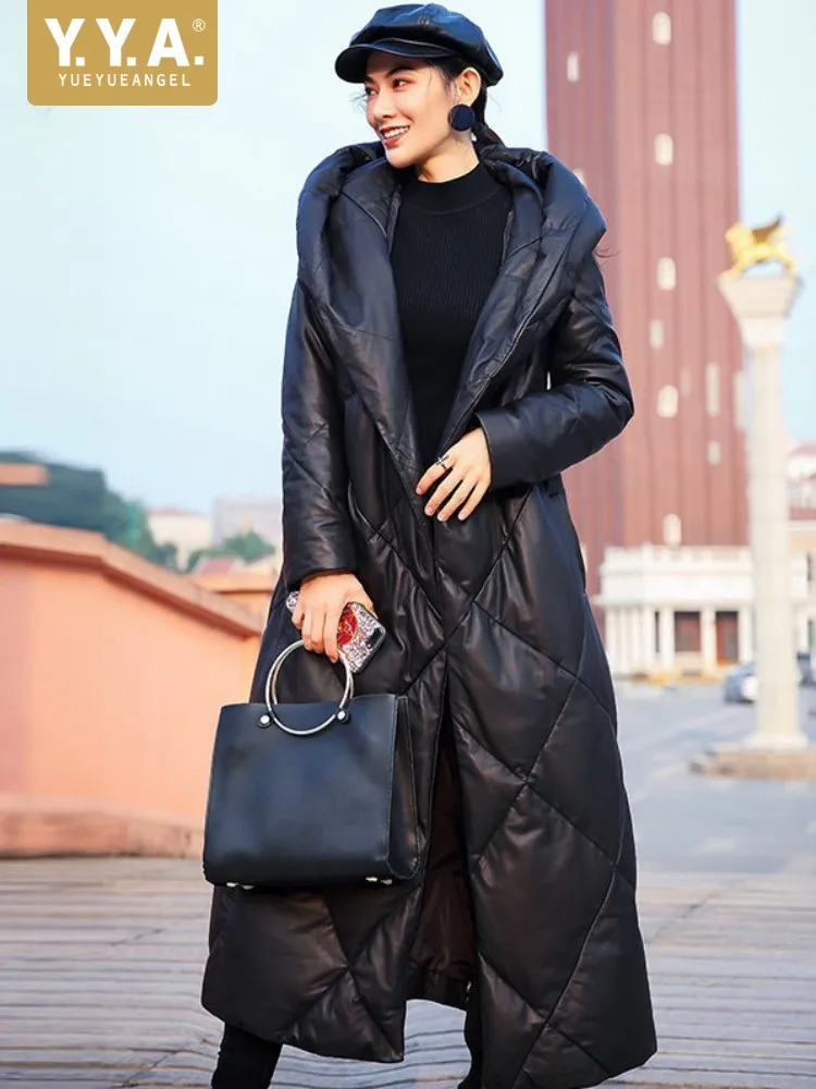 

Новая зимняя женская куртка из натуральной кожи с пуховым наполнителем, роскошная уличная одежда, утепленная куртка с капюшоном и поясом, женское повседневное офисное пальто из овчины, длинное пальто