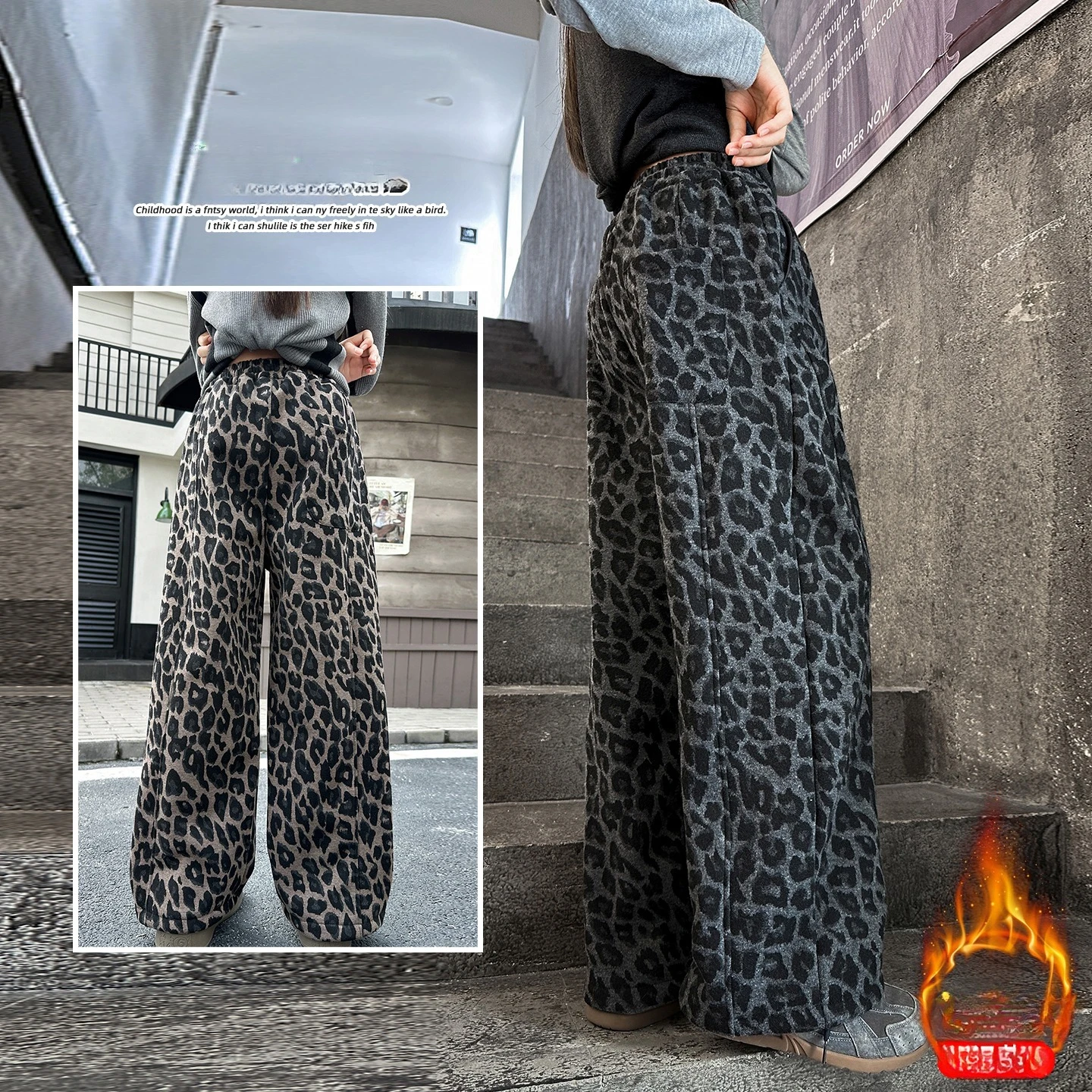 

Брюки с леопардовым принтом для девочек, флисовые детские прямые брюки, молодежные теплые широкие брюки, прямые брюки на осень и зиму