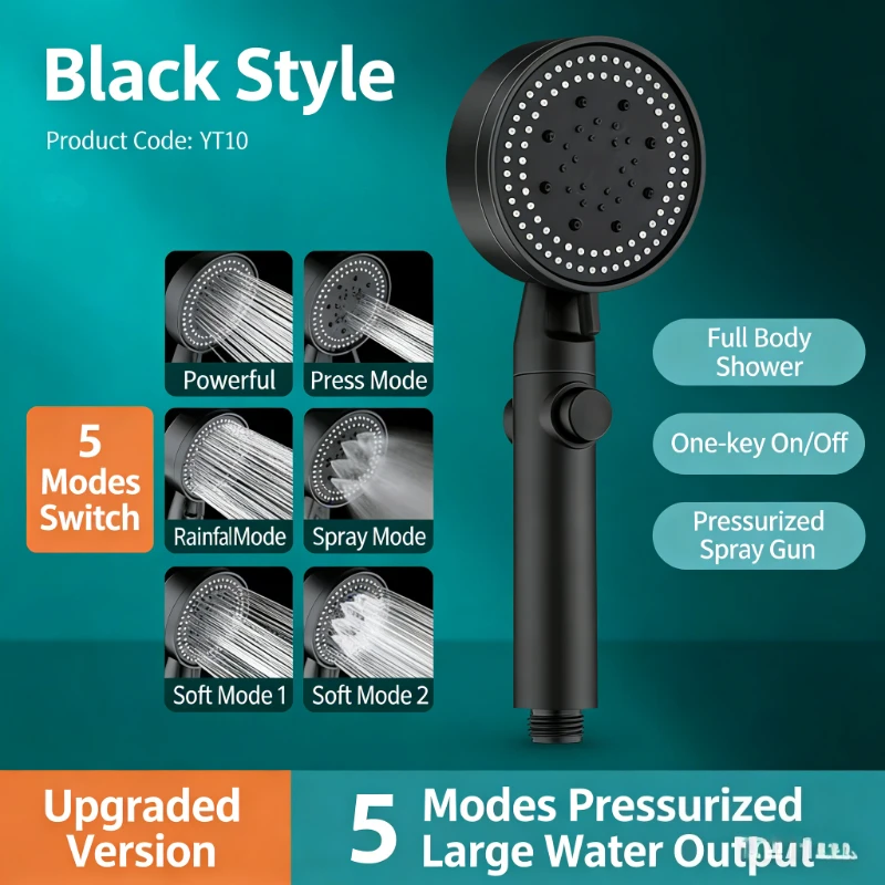 5 Mode High Pressure Shower Head Rain Massage Spa Wide Narrow Spray Heavy Plastic Bath System Easy Install