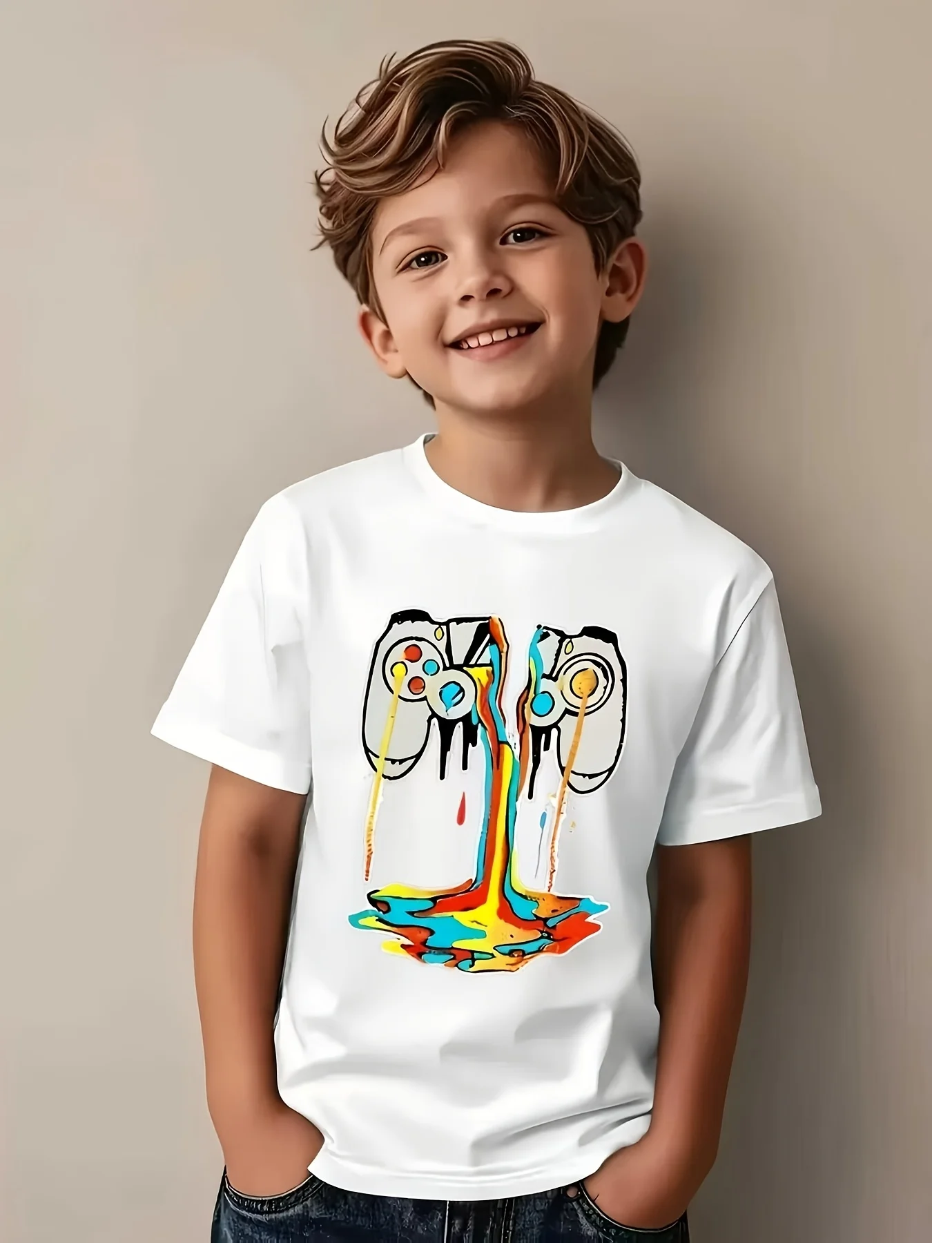 Color Dripping Split Game Controller Family Matching Cotton T Shirts Short Sleeve Summer Tees For Mom Dad Boys Girls Daily Tops