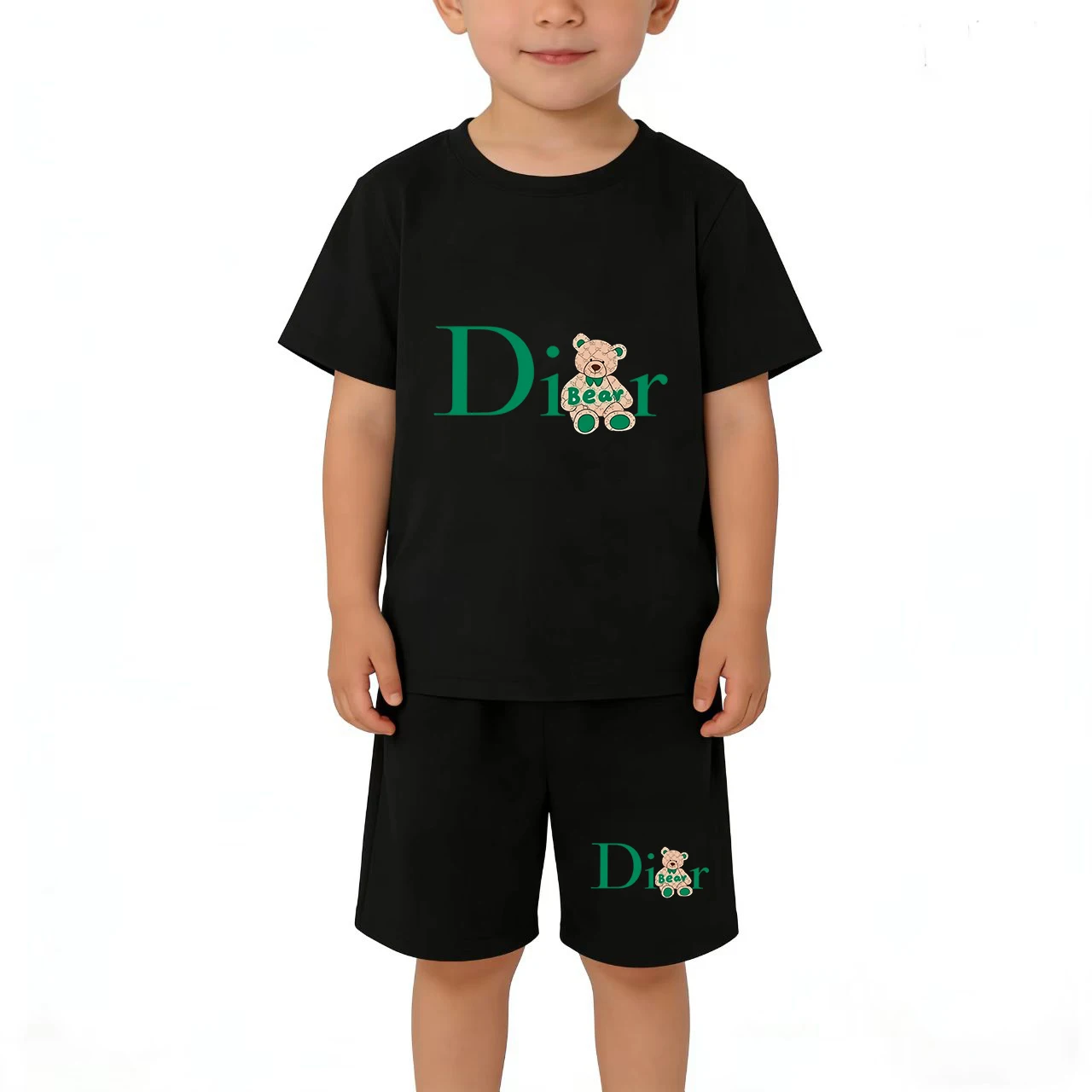 

Kids T-shirt Summer Round-Necked Pretty Girl Kawaii Bear Print Boy Girls3-12Y Top+Shorts Two-piece Set Casual Trend Charming Set