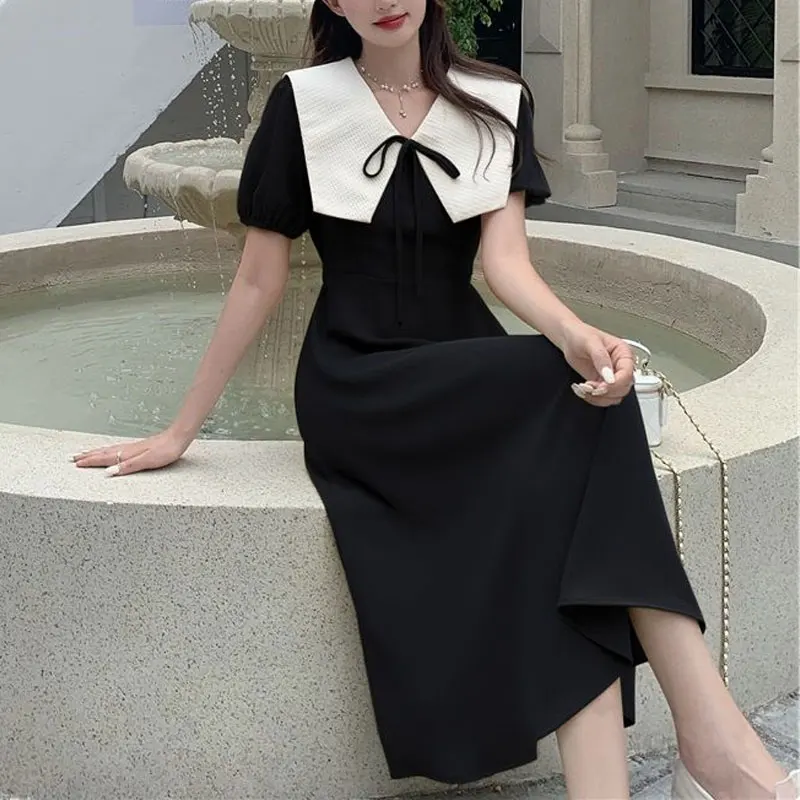 Fashion Drawstring Doll Collar Dresses Summer French Style Solid Color Women's Clothing A-Line Elegant Puff Sleeve Midi Dress