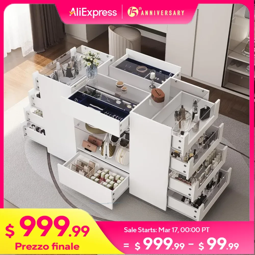 

Closet Island with Drawers, Glass Display Shelf & 12 Drawers, Dresser with Glass Top, Walk Closet Island for Bedroom, Cloakroom