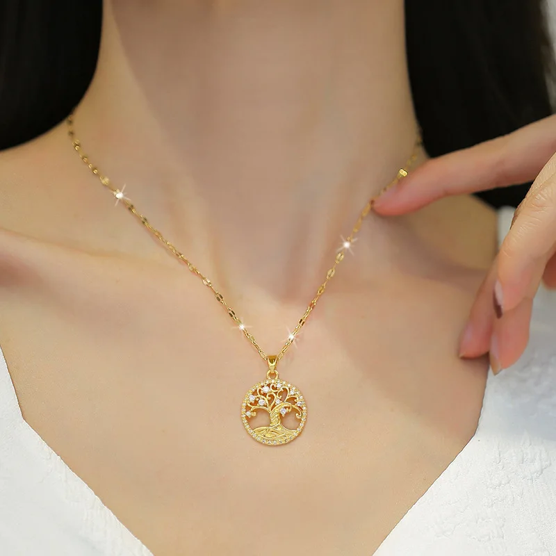 Fashionable High-End Tree of Life Pendant Women's Jewelry Luxury Unique Design Versatile Stainless Steel Choker Necklace