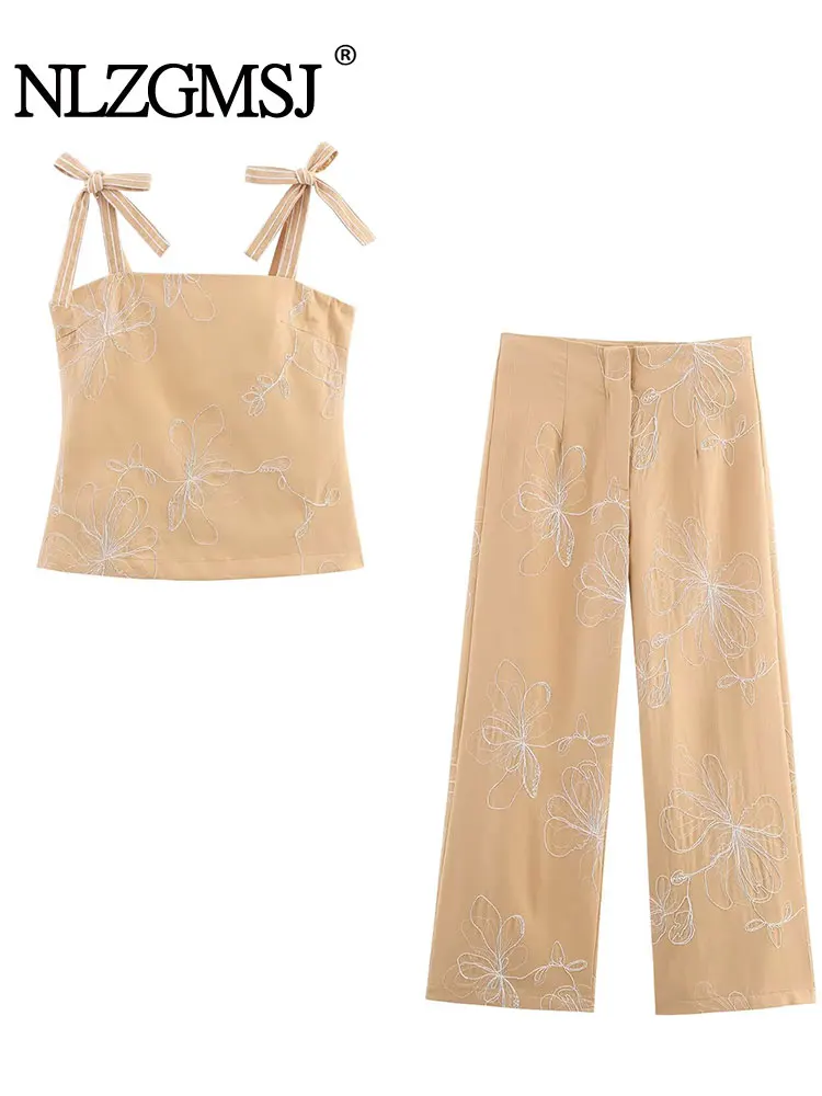 

NLZGMSJ 2025 Embroidery Pants Sets Women New Fashion Bow Vest Top Women Suit Casual Two Piece Set Women Outfit