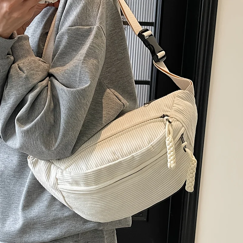 Sac de taille en velours côtelé vintage parfait pour femme, sac à bandoulière réglable avec plusieurs poches zippées pour un usage quotidien, les voyages et l'école