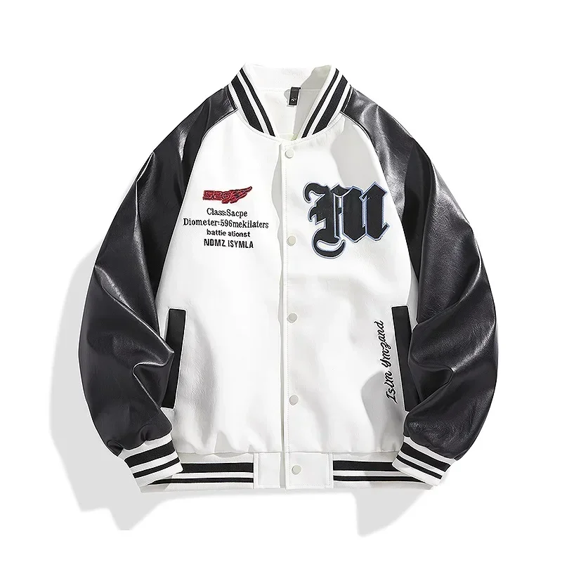 LIBIELIY   Mens Motorcycle Suit Leather Jacket American Baseball Collar Pilot Casual PU Leather Jacket Color Blocking Fur