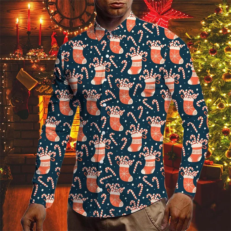 Christmas Decoration Pattern Hawaiian Shirts For Men Santa Claus Reindeer 3D Print Blouse Casual Loose Aloha Shirts Long Sleeves