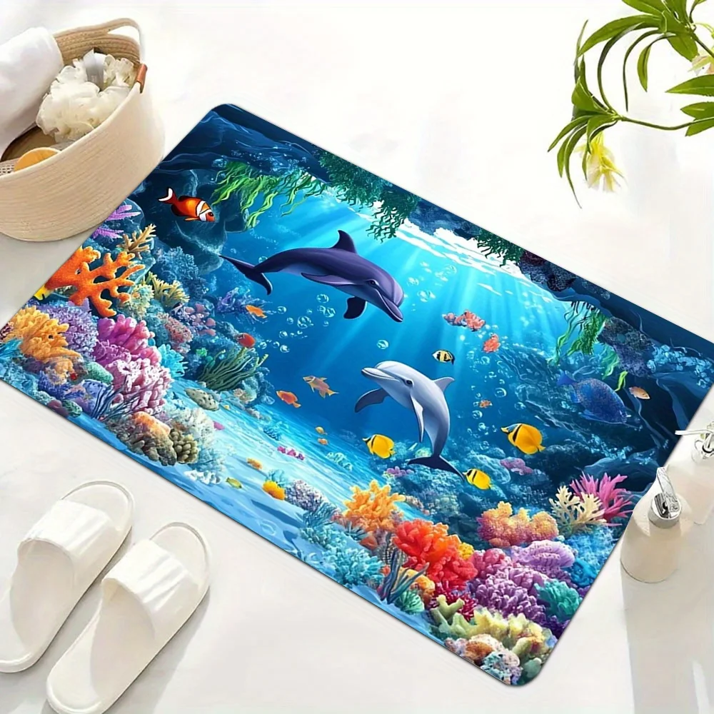 1pc Undersea World Mat - Designed with dolphins, clownfish, corals, tropical fish, and other marine life, vibrant and interest