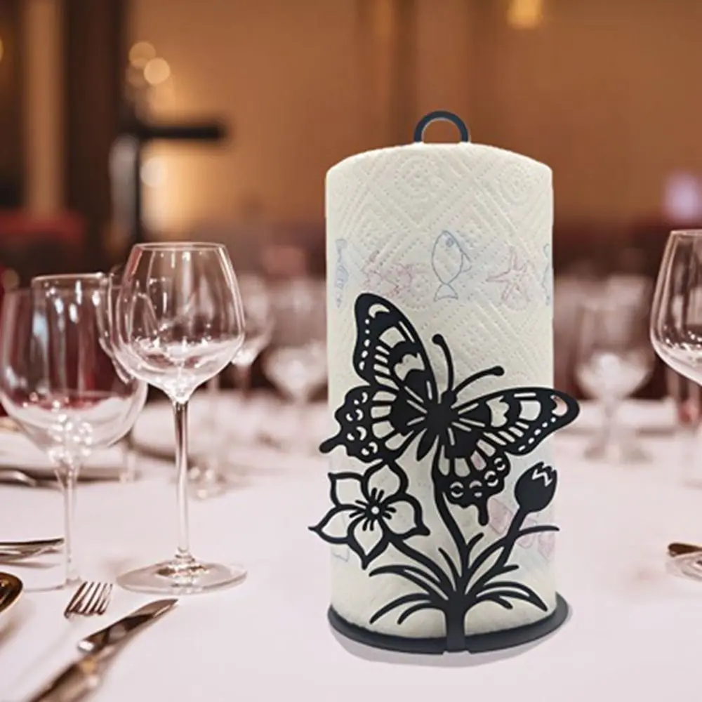 2D Flat Butterfly Napkin Holder Wooden Base Free Standing Vertical Napkins Rack Decorative One-handed Tear Tissue Stand for Home