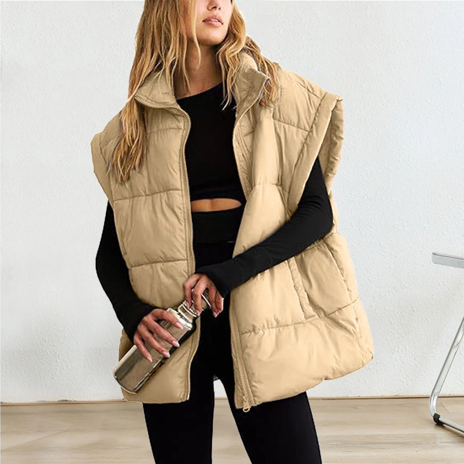 Women'S Vest Winter Oversized Vest Lightweight Stand Collar Flysleeve Insulated Padded Puffy Jackets Coat With Pockets 조끼