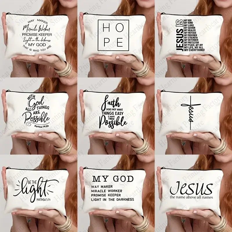 Faith Over Fear Pattern Christian Printed Makeup Pouch Cosmetic Make Up Bag Religion Graphic Fearless Slogan Toiletry Bags Purse