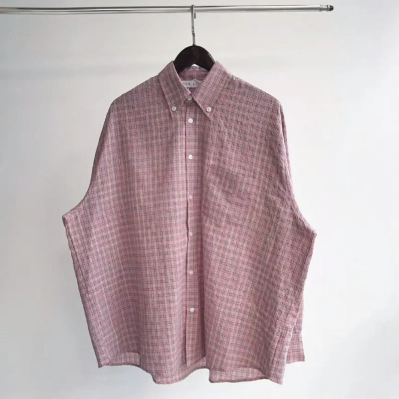 

Casual Street Paris OUR LEGACY Shirts High Quality Pink Checkered Lapel Long Sleeved Top Oversized Men Women Cleanfit