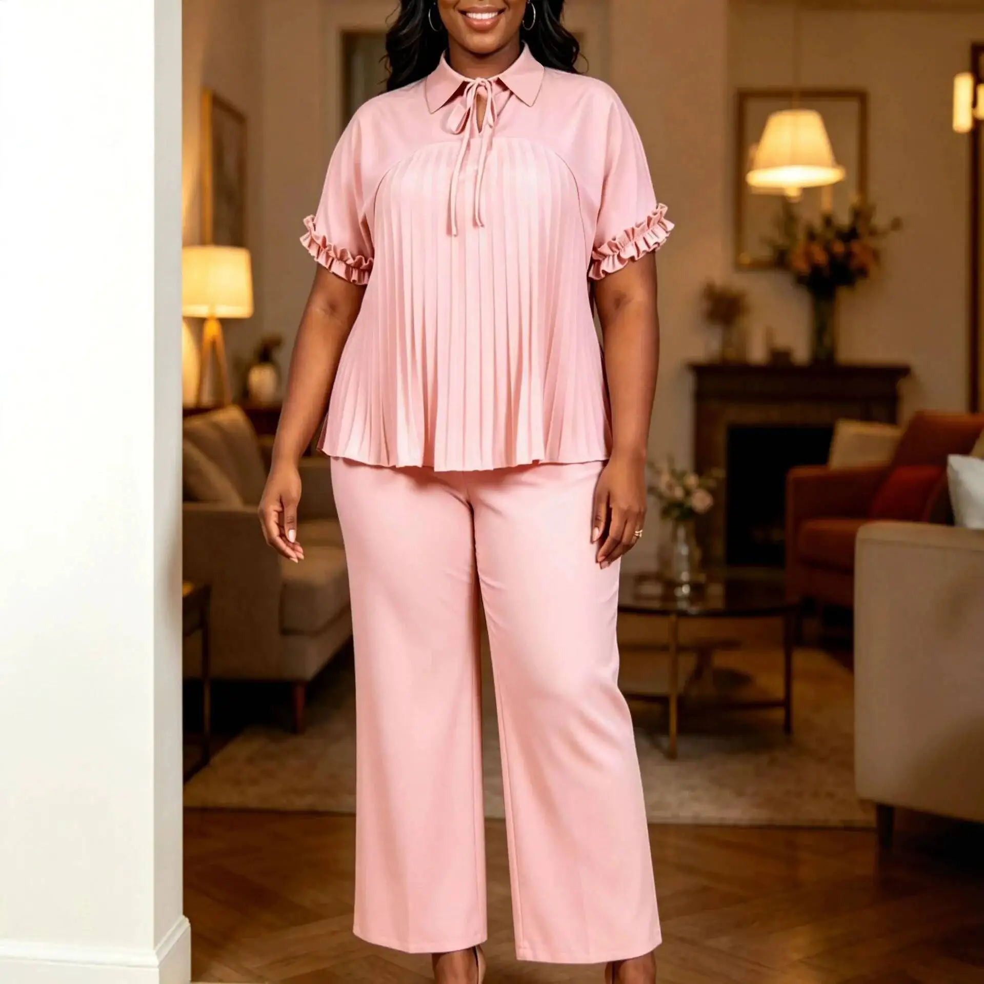 Plus-size Women's Clothing: Doll-collar Ruffled Sleeve Tie-waist Pleated Shirt And High-waisted Straight-leg Pants Casual Set