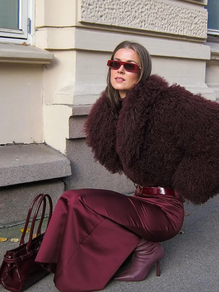 Chic Ins Burgundy Faux Fur Coat Women Fashion Thick Warm Long Sleeved Fluffy Jackets Autumn Winter Cool Girls Casual Overcoat