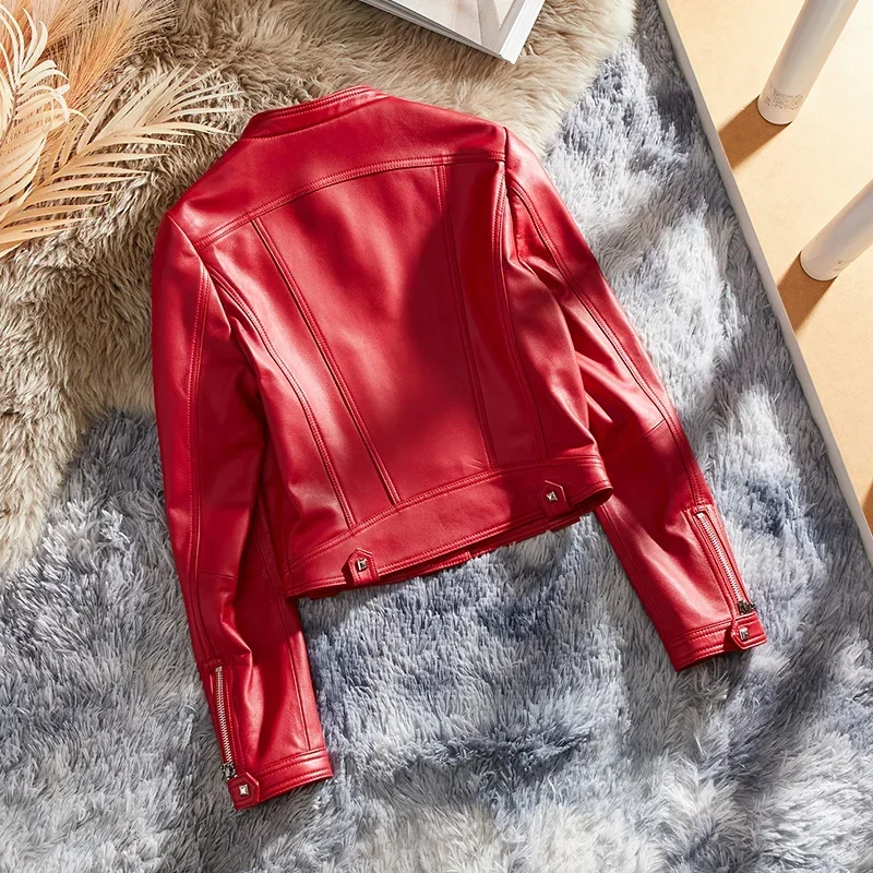 Tajiyane Echtes Leder Jacken für Frauen Schlank Biker Jacke Echt Schaffell Mantel Mode Rot Leder Mäntel Veste Cuir Femme SGG