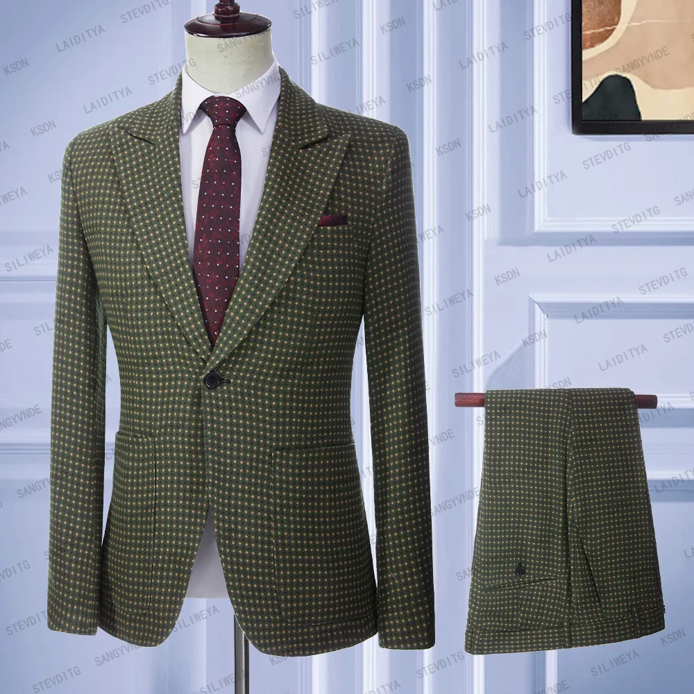 

2023 Men's British Style Business Casual Green Linen Yellow Red Dots Fashion Gentleman Slim Fit Suits 2 Pcs Set Jacket Pants